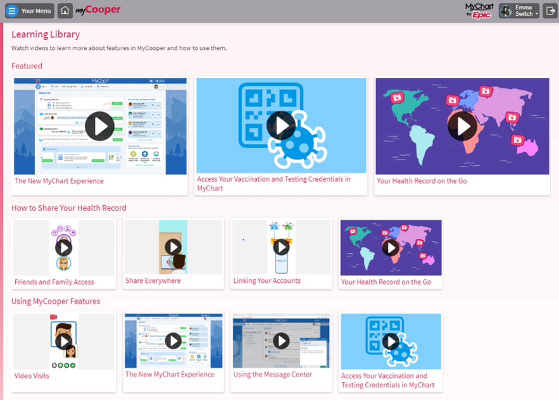 Screen shot of myCooper learning library showing what videos are available